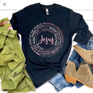 Christian Faith Tee Dark Gray Pink Names for Jesus 3/4 Sleeve GUC